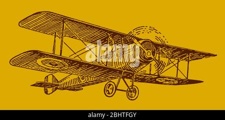 Un biplan britannique à moteur unique sur un fond doré. Modifiable dans les calques Illustration de Vecteur