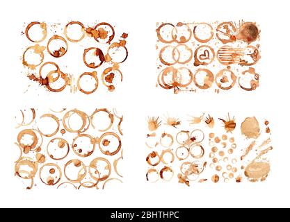 Taches de peinture au café, éclaboussures isolées sur fond blanc. Anneaux de tasse à café isolés. Banque D'Images
