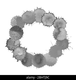 Elément de conception abstrait noir. Cadre de taches et de gouttes isolé sur fond blanc. Cadre abstrait à points de cercle dessiné à la main. Banque D'Images