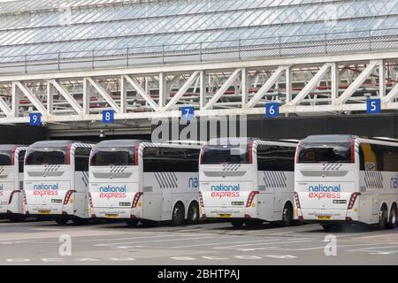 Les autocars National Express à Victoria Coach Station, Londres, Angleterre, Royaume-Uni Banque D'Images