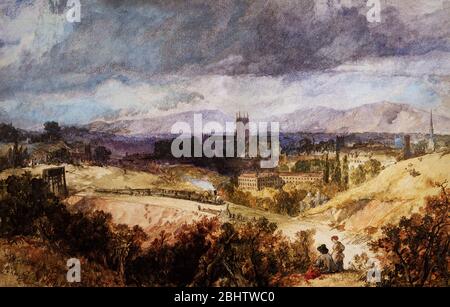 Vue sur le paysage de la cathédrale anglaise de Worcester au XIXe siècle, avec un couple regardant un train du West Midland Railway après 1863. Les chemins de fer ont également donné à Worcester des milliers d'emplois avec les autocars GWR construits là-bas et les trois usines de signalisation, dont la plus grande compagnie de signalisation ferroviaire au monde, McKenzie & Holland. Peinture de Sir John Gilbert RA (1817-1897), artiste anglais autodidacte. Banque D'Images