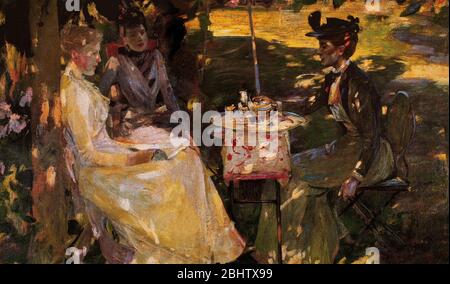 Les dames anglaises du XIXe siècle dans un jardin en plein air en après-midi. Peinture de Sir James Guthrie (1859-1930). Banque D'Images