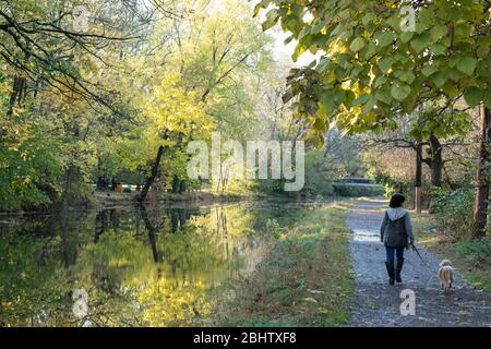 Belle promenade le long du canal du Delaware dans le comté de Bucks, en Pennsylvanie, le matin ensoleillé d'octobre, au début de l'automne. Banque D'Images