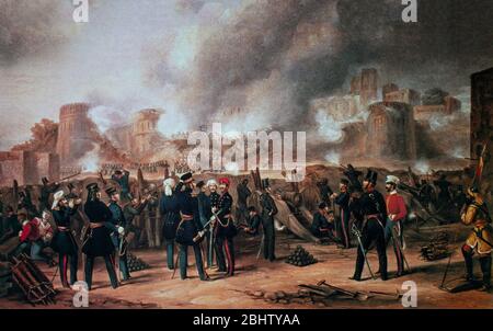 Soldats de l'armée britannique et indienne du XIXe siècle travaillant ensemble pendant le Storming de Mooltan dans l'état indien du Pendjab, 2 janvier 1849 - 2 e guerre sikh. Par Henry Martens (1790-1868, Londres), illustrateur militaire et artiste anglais. Banque D'Images