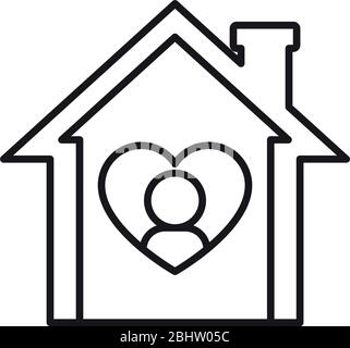 restez à la maison, maison avec coeur et pictogramme homme icône sur fond blanc, style de ligne, illustration vectorielle Illustration de Vecteur