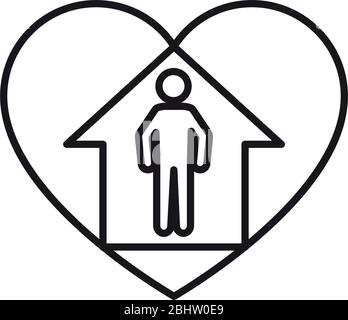 restez à la maison, coeur avec la maison et pictogramme homme icône sur fond blanc, style de ligne, illustration vectorielle Illustration de Vecteur