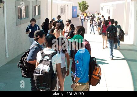 El Paso, Texas, États-Unis, mai 2010 : les élèves du secondaire se trouvent dans le couloir extérieur de l'école secondaire Mission Early College. ©Bob Daemmrich Banque D'Images