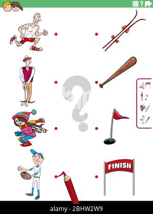 Dessin animé Illustration du jeu de mise en correspondance pour l'éducation pour les enfants avec les personnes pratiquant le sport et les objets connexes Illustration de Vecteur