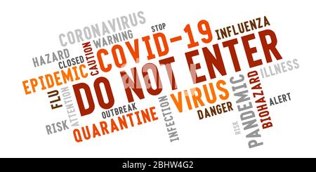 Typographie de nuage de mots-clés coronavirus marquée ne pas entrer sur fond blanc. Inscriptions rouges et noires sur le thème de la lutte contre le virus. Illustration de Vecteur