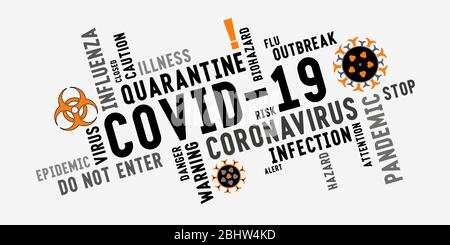 Covid-19 mot tag nuage lettrage typographie avec coronavirus stylisé icônes sur un fond clair. Mots-clés sur le thème de la lutte contre le virus. Illustration de Vecteur