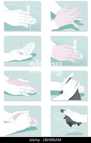 Hygiène des mains, utilisation d'un savon pour prévenir les virus. Cette illustration montre en 8 étapes comment se laver les mains correctement. Après les avoir humidifiés, c'est Banque D'Images