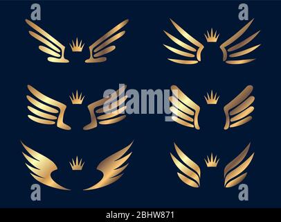 Jeu de six paires d'ailes d'or avec couronnes. Illustration vectorielle. Illustration de Vecteur