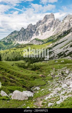 Sentier de randonnée d'Adamekhuette à Hofpuerglhuette, vue sur la crête de montagne avec Grosse Bischofsmuetze, Salzkammergut, Haute-Autriche Banque D'Images