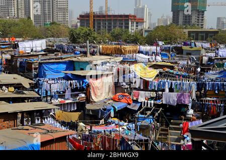 MUMBAI, INDE - 7 février 2019: Dhobi Ghat en plein air blanchisserie à côté de la station de Mahalaxmi, la plus grande de son genre dans le monde, Banque D'Images