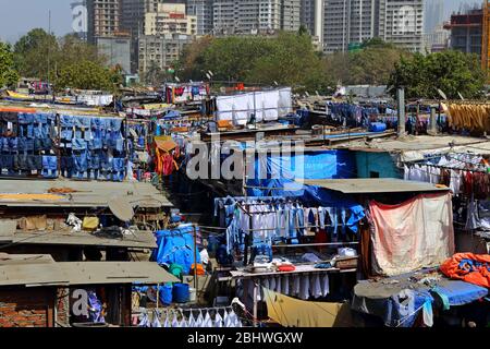 MUMBAI, INDE - 7 février 2019: Dhobi Ghat en plein air blanchisserie à côté de la station de Mahalaxmi, la plus grande de son genre dans le monde, Banque D'Images