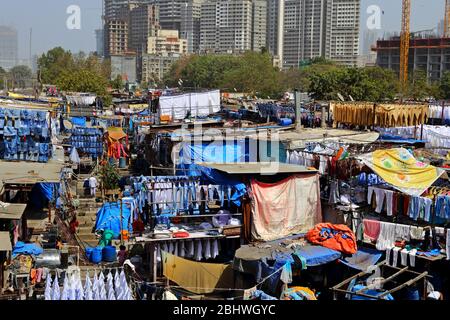 MUMBAI, INDE - 7 février 2019: Dhobi Ghat en plein air blanchisserie à côté de la station de Mahalaxmi, la plus grande de son genre dans le monde, Banque D'Images