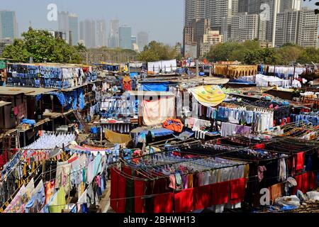 MUMBAI, INDE - 7 février 2019: Dhobi Ghat en plein air blanchisserie à côté de la station de Mahalaxmi, la plus grande de son genre dans le monde, Banque D'Images