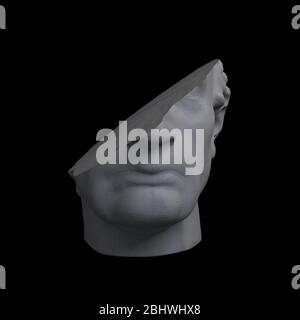 Fragment de sculpture de tête cossale de style classique dans des tons gris monochromatiques isolés sur fond noir. Illustration du rendu 3D. Banque D'Images
