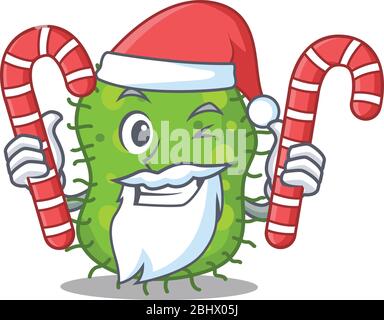 Le personnage amical d'escherichia in Santa Cartoon accueille des bonbons de Noël Illustration de Vecteur