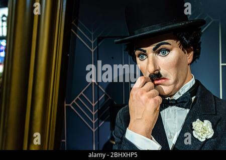 Londres, Angleterre, Royaume-Uni - 2 janvier 2020 : statues de cire de Charlie Chaplin créées par Madame Tussauds, musée de cire de Madame Tussauds, l'un des popules Banque D'Images