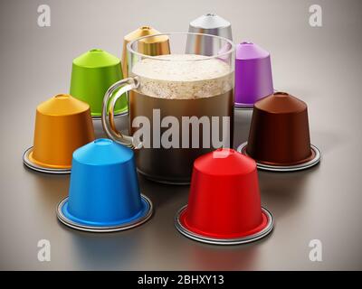 Capsules de café et mug sur surface réfléchissante. Illustration tridimensionnelle. Banque D'Images