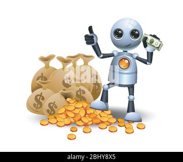 illustration tridimensionnelle du petit robot qui travaille pour obtenir le concept de personnes riches sur un fond blanc isolé Banque D'Images