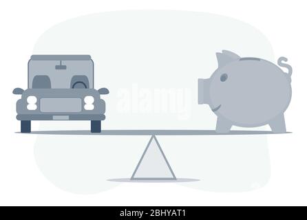 Automobile, prêt auto ou transformation des actifs en concept de trésorerie. Modèle de voiture, banque de porc sur une balance simple. Illustration de Vecteur