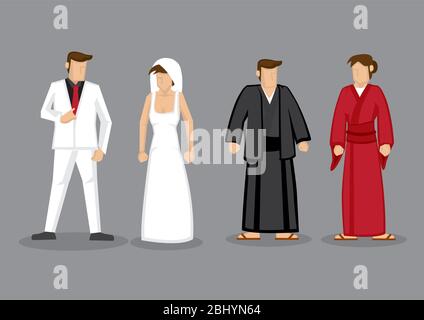 Illustration vectorielle de couple dans les kimono japonais traditionnels et costume de mariage de style occidental de costume blanc pour robe de mariée et blanc avec ve Illustration de Vecteur