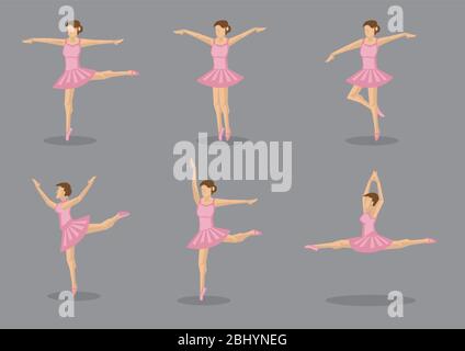 Ensemble de six icônes vectorielles de danseuse de ballerina dans tutu rose dans différentes poses de danse Illustration de Vecteur