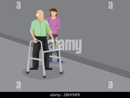 Jeune femme tenant sur un vieil homme avec un cadre de marche. Illustration de la caricature vectorielle dans la prise en charge du concept de personnes âgées. Illustration de Vecteur