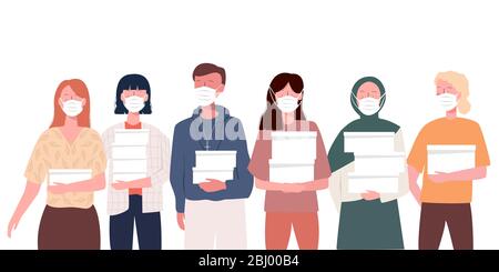 les bénévoles portant un masque de santé de divers groupes ethniques travaillent ensemble pour apporter des dons alimentaires aux communautés touchées par le virus de la couronne. Moderne et plat Illustration de Vecteur