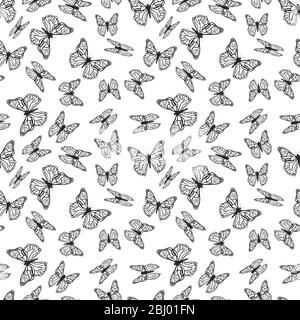 Beaucoup de beau papillon, simple noir silhouettes sur blanc, vintage sans couture motif Illustration de Vecteur