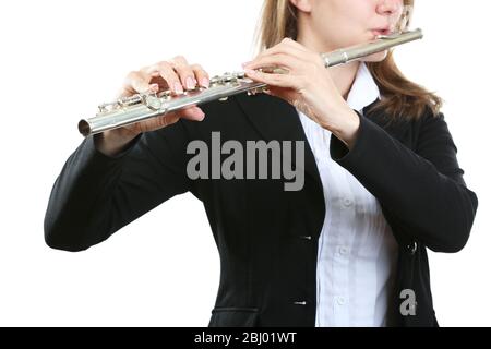 Musicien jouant de la flûte isolée sur blanc Banque D'Images