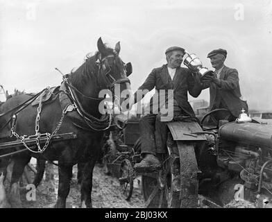 Motor plowman remporte le championnat aux matches de labour de Middlesex . - le champion cheval plawman M. A Meeds of Bedfont ( gauche ) prend une boisson de félicitations de la coupe gagnée par M. W Gatford de Bedfont , le motard qui a remporté le championnat ( droite ) . - 24 septembre 1935 Banque D'Images