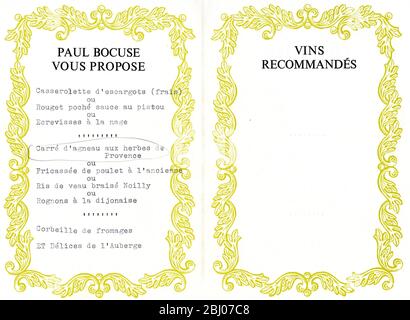 Collection de menus - Paul Bocuse, l'Auberge du Pont de Collonges - 40 rue de la Plage, 69660 Collonges-au-Mont-d'Or, France Banque D'Images