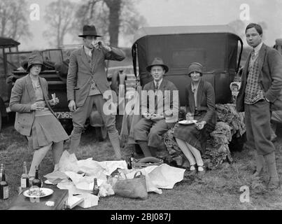 New College et Magdalen point à point chases à Oddington . - à leur pique-nique - Mlle D Crawley , l'honorable H Douglas , l'honorable J Fox - Strangways , l'honorable Vereker Maxwell et M. Fox - Strangways . - années 1920 - - Banque D'Images