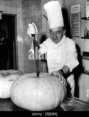 Jean Boutheney, un chef français né à Newcastle-upon-Tyne, cime une grande citrouille en préparation des tartes de citrouille qu'il va faire pour les célébrations de Thanksgiving Day à l'Union anglophone de Londres, Angleterre. - 25 novembre 1959 - Banque D'Images