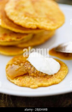 Petites crêpes faites de farine de pois chiches indiens (chana dal), sans gluten et très nutritives. Servi avec chutney de chaux et yaourt - Banque D'Images