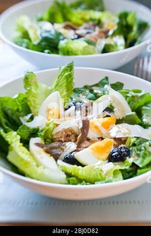 Bol blanc de la salade classique Nicoise, avec vinaigrette - Banque D'Images