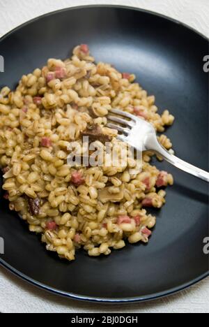 Risotto à l'orge composé de champignons sauvages séchés, de jambon fumé en dés, d'oignons et de bouillon de poulet. - Banque D'Images