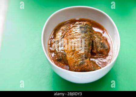 Pivergers en conserve dans la sauce tomate servis dans un bol blanc sur la surface verte - Banque D'Images