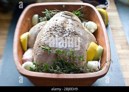 Poulet biologique en brique de poulet avec des quartiers de citron, thym frais, oignons, épices, vin blanc et huile d'olive, avant d'être mis au four - Banque D'Images