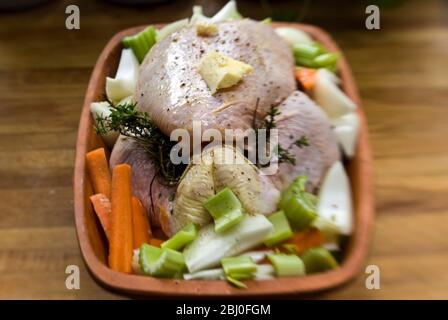 Poulet préparé pour le four dans une brique de poulet en terre cuite avec oignons, céleri, carottes, thym, et un peu de vin blanc - Banque D'Images
