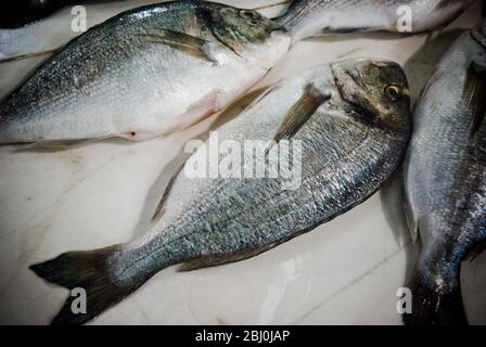 Bream frais sur une dalle de comptoir de poissonnette sur le marché couvert, Limassol, Chypre - Banque D'Images