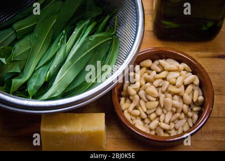 Ingrédients pour pesto d'ail sauvage, feuilles d'ail sauvage lavées, pinenuts dans un petit bol et fromage cheddar mûr. Prise de vue avec objectif Lensbaby pour flou Banque D'Images