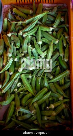 Okra en vente dans un espace de ferme situé en bordure de route, dans le sud de Chypre. - Banque D'Images