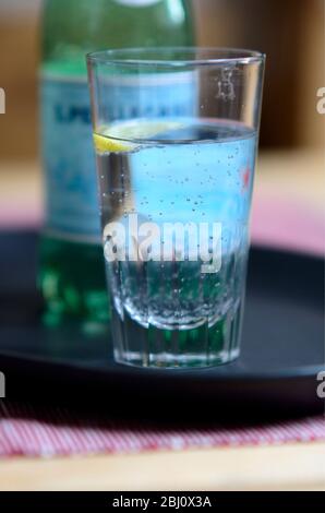 Verre de Pellegrino légèrement pétillant, eau minérale italienne, petit coin de citron sur plateau sombre - Banque D'Images