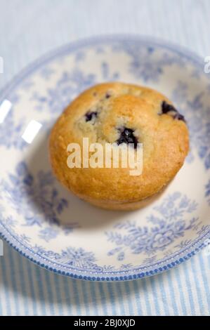 Muffin de bleuets fraîchement cuit sur une serviette bleue à rayures avec chine bleue et blanche - Banque D'Images