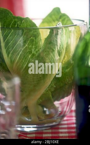 Laitue COS dans un grand bol à salade en verre sur la table avec un chiffon rouge à carreaux et une bouteille de vin - Banque D'Images