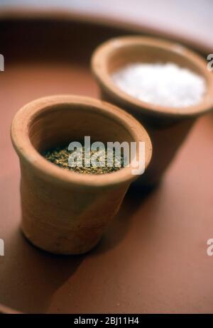 Petits pots de sel et de poivre en terre cuite - Banque D'Images
